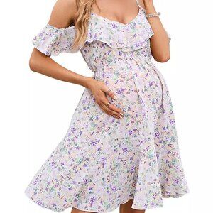 Maternity Nursing Dress Womens Spaghetti Strap Ruffle Sleeve Daisy Printed Tiere
